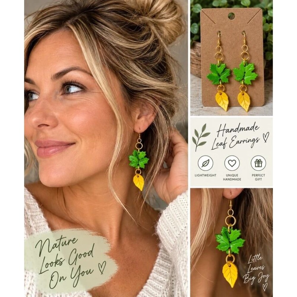 Handmade Green & Gold Leaf Dangle Earrings Nature Cottagecore Jewelry
